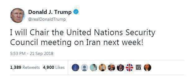 توییت ترامپ در مورد جلسه شورای امنیت با ریاست او با موضوع ایران