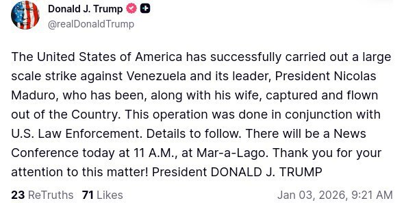 فوری/ ترامپ: مادورو و همسرش بازداشت شده‌اند