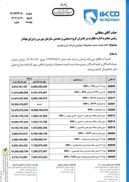 قیمت جدید محصولات ایران خودرو +جدول