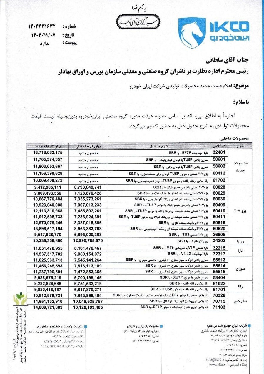 قیمت جدید محصولات ایران خودرو +جدول قیمت جدید محصولات ایران خودرو +جدول