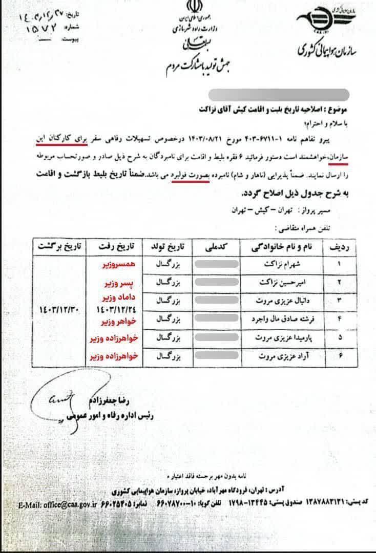 ادعای نماینده مجلس درباره وزیر راه؛ سفر میلیاردی خانوادگی به کیش/ وزارت راه: هزینه‌ها از منابع شخصی بوده