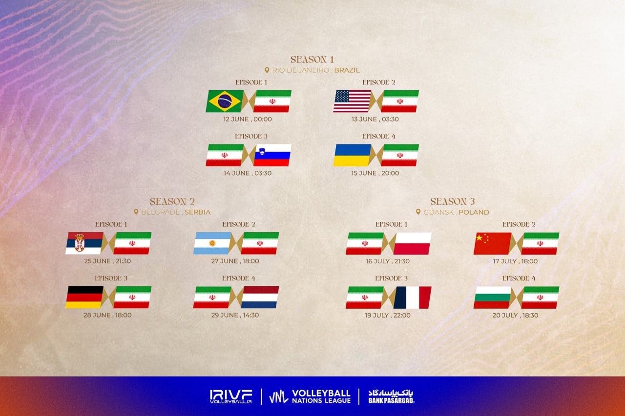برنامه مرحله مقدماتی لیگ ملت‌های والیبال/ ایران - برزیل ۱۲ شب!