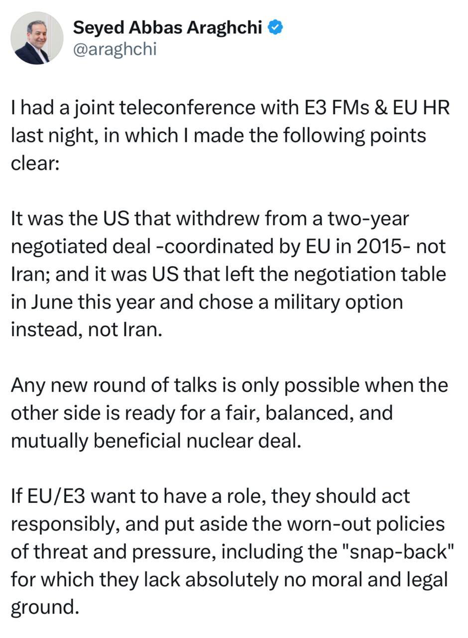 عراقچی خطاب به اروپایی‌ها؛ از تهدید اجرای مکانیسم ماشه دست بردارید