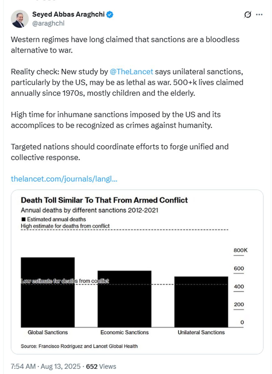 عراقچی: تحریم‌های غیرانسانی، به‌عنوان جنایت علیه بشریت شناخته شوند