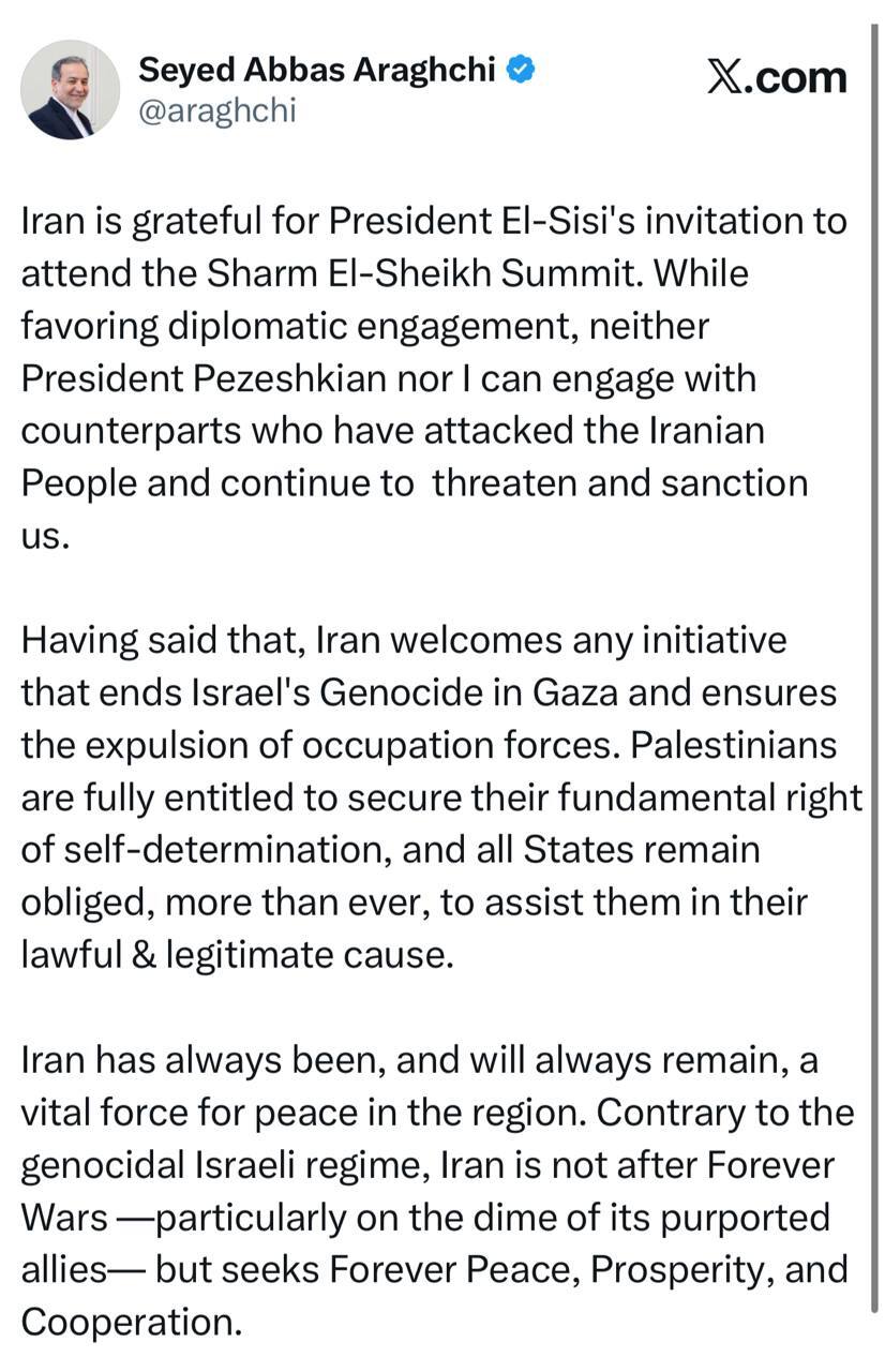 توضیح عراقچی درباره دلیل عدم حضور ایران در شرمالشیخ توضیح عراقچی درباره دلیل عدم حضور ایران در شرمالشیخ